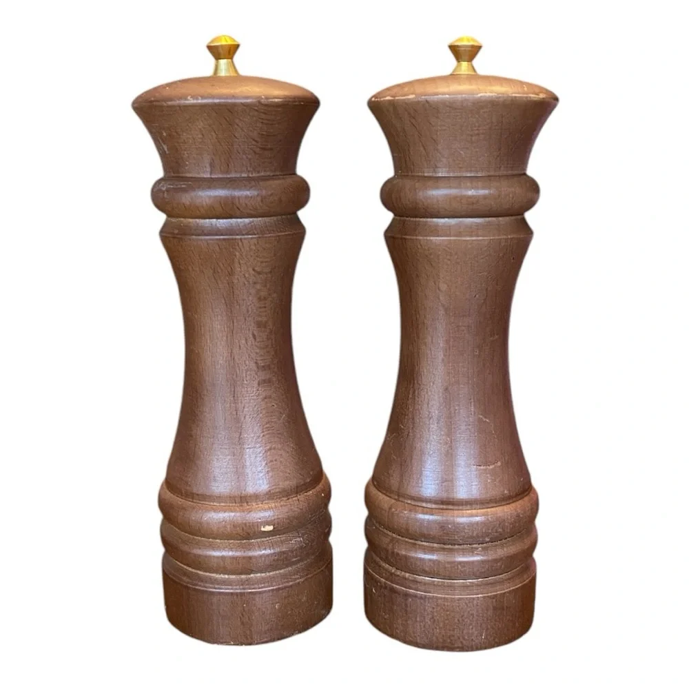 Vintage Wooden Salt & Pepper Shakers 6” Brass S P Mid Century Japan